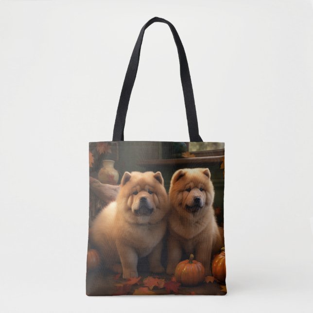 Chow Chow Puppy Autumn Delight Pumpkin Tote Bag (Front)