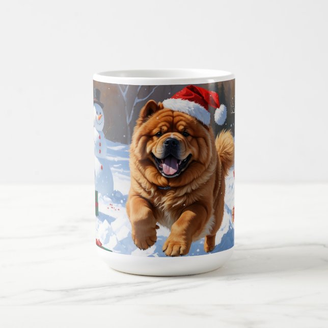 Chow Chow Running in Snow with Christmas Hat Coffee Mug (Center)
