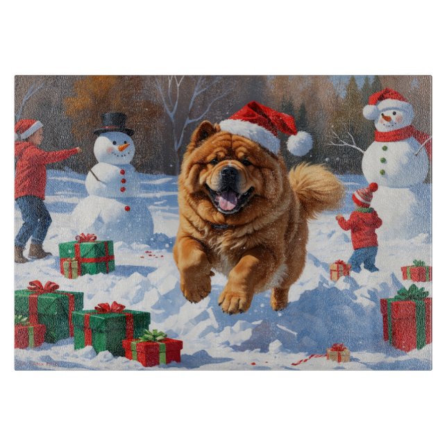 Chow Chow Running in Snow with Christmas Hat Cutting Board (Front)