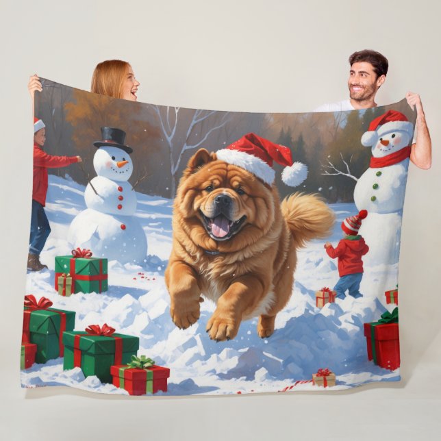 Chow Chow Running in Snow with Christmas Hat Fleece Blanket (In Situ)