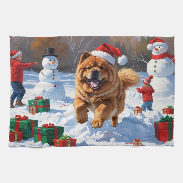 Chow Chow Running in Snow with Christmas Hat Kitchen Towel (Horizontal)