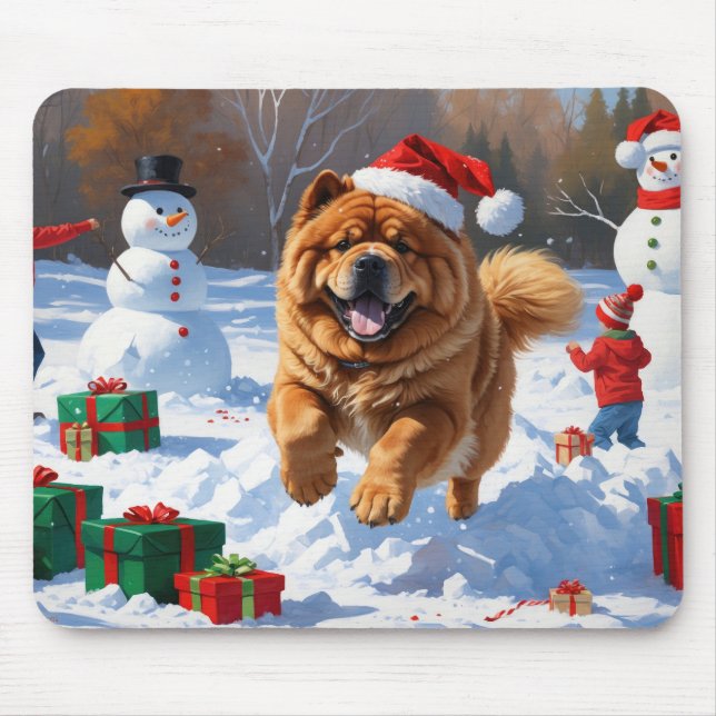 Chow Chow Running in Snow with Christmas Hat Mouse Pad (Front)