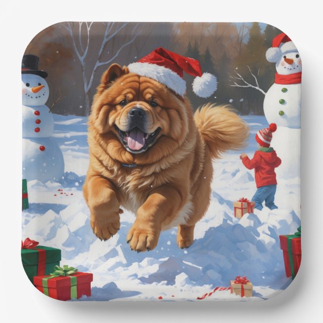 Chow Chow Running in Snow with Christmas Hat Paper Plate (Front)