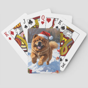Chow Chow Running in Snow with Christmas Hat Playing Cards