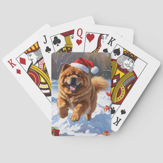 Chow Chow Running in Snow with Christmas Hat Playing Cards (Back)