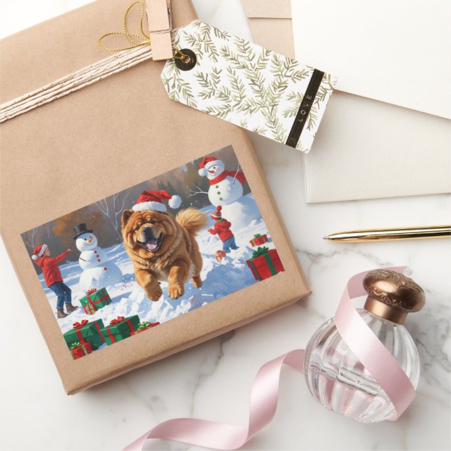 Chow Chow Running in Snow with Christmas Hat Sticker (Gifting)