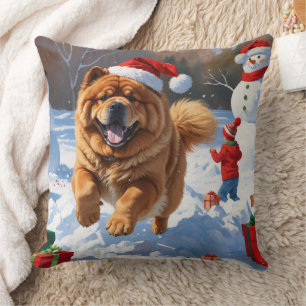 Chow Chow Running in Snow with Christmas Hat Throw Pillow