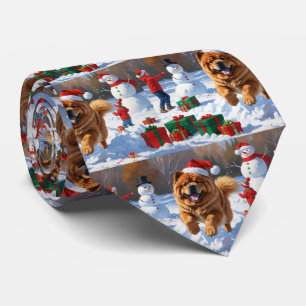 Chow Chow Running in Snow with Christmas Hat Tie