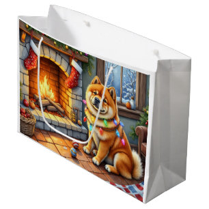 Chow Chow Sitting Fireplace with Christmas Lights Large Gift Bag