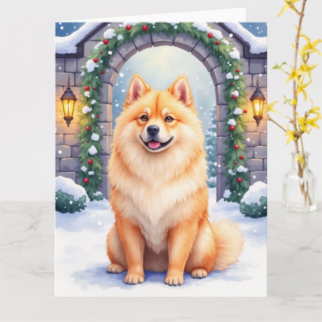 Chow Chow Snowy Stone Courtyard Christmas Art Card (Yellow Flower)