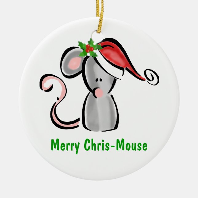 Chris Mouse with Santa Hat & Holly Ceramic Ornament (Front)