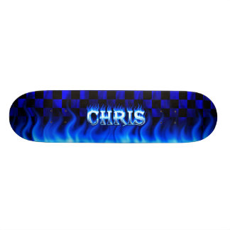 Chris skateboard blue fire and flames design