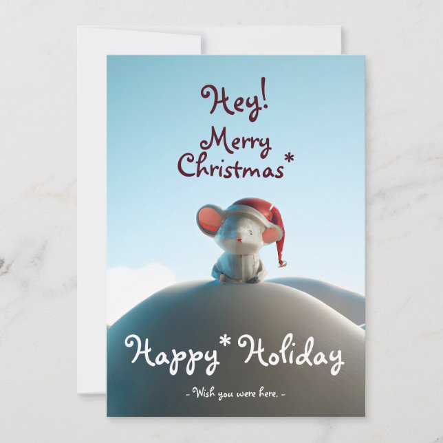 Chrismas santa hat mouse on snow mountain holiday card (Front)