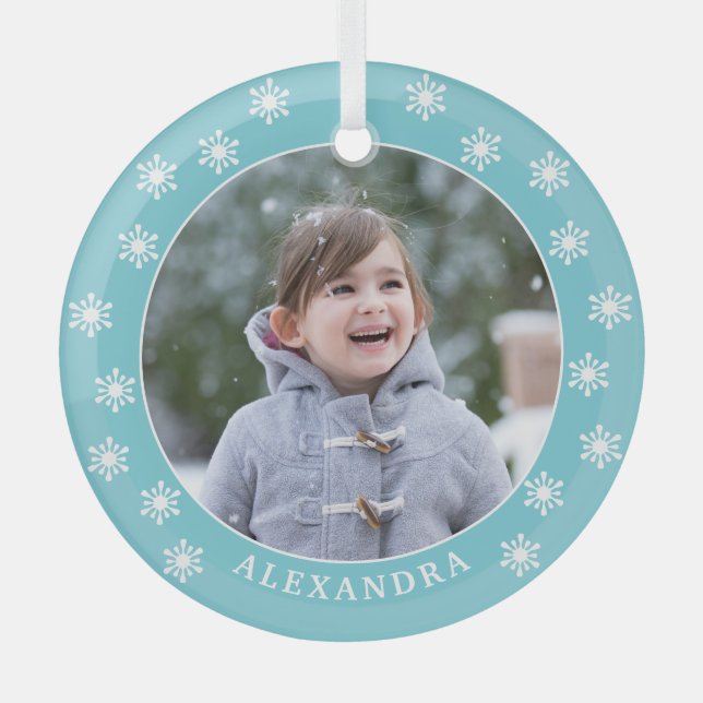Chrismas Snowflakes Custom Name Blue Photo Glass Ornament (Front)