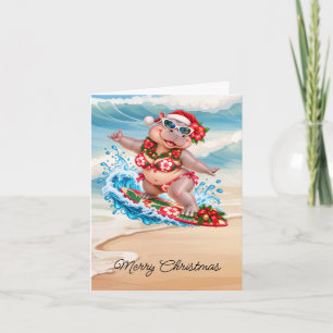 Chrismas Surfing Hippo Bikini on surf board  Holiday Card