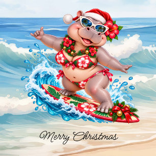 Chrismas Surfing Hippo Bikini on surf board  Holiday Card