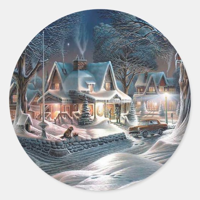 Chrismas Winter Cottage Classic Round Sticker (Front)