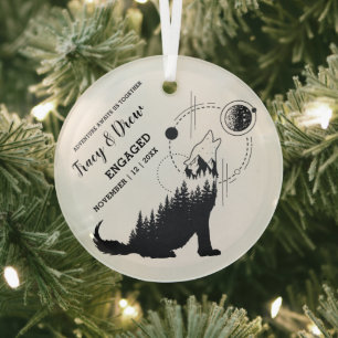 Chrismast Outdoor Wolf Moon PineTree Couple Engage Glass Ornament