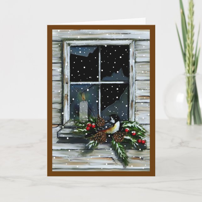 Chrismtas Candle in Old Barn Window: Artwork Holiday Card (Front)
