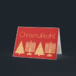 Chrismukkah Gold And Red Holiday Add Your Photo<br><div class="desc">Add your favourite photo to the inside of this Chrismukkah holiday card in red and gold. This simple and elegant greeting card is a perfect fit for blended families who celebrate both Christmas and Hanukkah. My simulated gold images of the Christmas Tree and Hanukkah Menorah are repeated inside the card...</div>