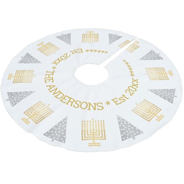 Chrismukkah Gold Menorahs Silver Trees Holiday Brushed Polyester Tree Skirt (Angled)