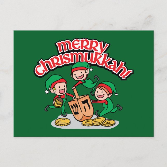Chrismukkah greeting card with elves and dreidels (Front)