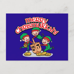 Chrismukkah Greeting with Elves and Dreidels Holiday Postcard