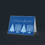 Chrismukkah Light Blue Holiday Add Your Photo<br><div class="desc">Add your favourite family photo to the inside of this charming Chrismukkah holiday card in pastel blue on rich royal blue. This elegant modern greeting card is designed for blended families who celebrate both Hanukkah and Christmas. The pale blue images of a Hanukkah Menorah and a Christmas Tree are repeated...</div>