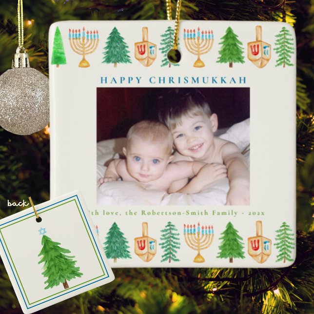 Chrismukkah Photo Personalized Holiday w/Year Ceramic Ornament (Creator Uploaded)