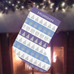 Chrismukkah Silver Menorah Tree Stripes Pattern Small Christmas Stocking<br><div class="desc">Customize this fun Chrismukkah stocking with a pattern of silver Hanukkah Menorahs and silver Christmas trees on colourful stripes of white, blue and purple. Add a name in silver text to the stocking for a one of a kind personalized gift. The Menorah and tree designs in silver are simple enough...</div>