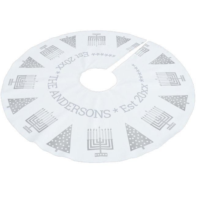 Chrismukkah Silver Menorahs And Trees Elegant Brushed Polyester Tree Skirt (Angled)