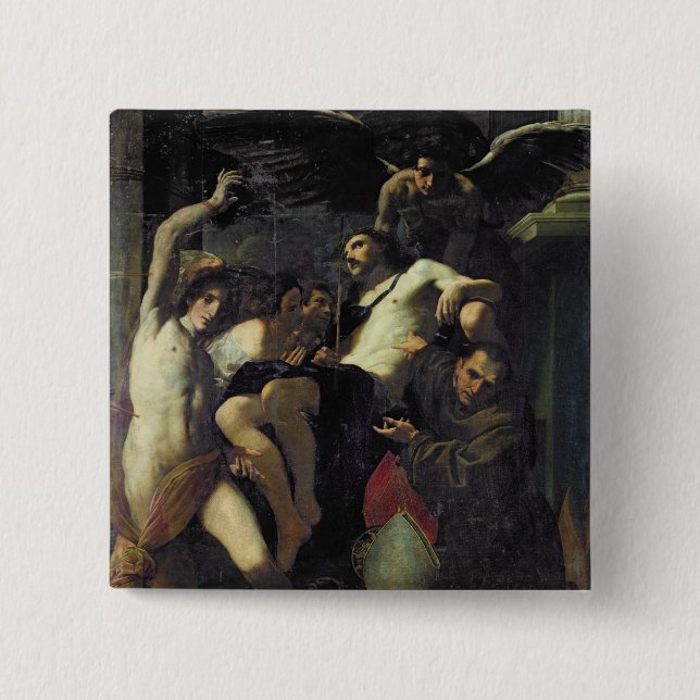 Christ Adored by Angels, St. Sebastian 2 Inch Square Button (Front)