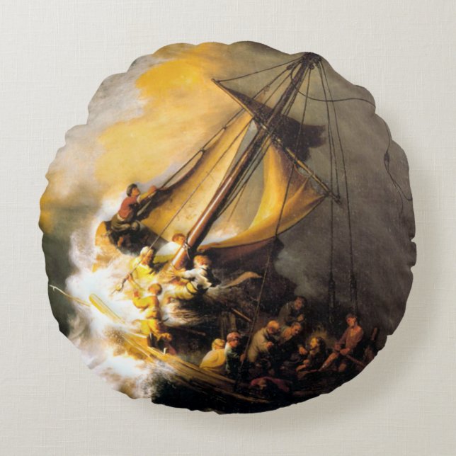 Christ in the Storm on Sea of Galilee- Rembrandt Round Pillow (Front)