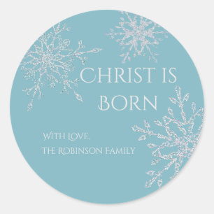Christ is Born Blue White Snowflake Christmas Gift Classic Round Sticker