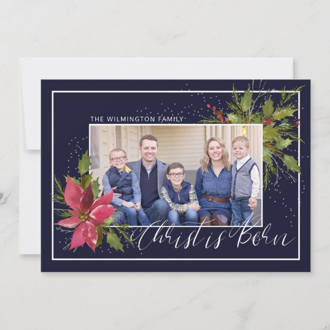 Christ is Born Holly Photo Blue Christmas Holiday Card (Front)