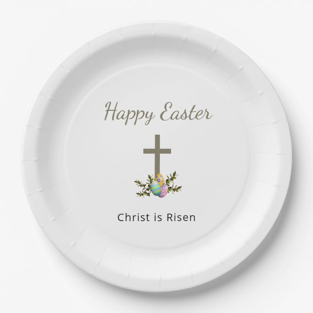 Christ is Risen Decorated Easter Eggs Cross  Paper Plate (Front)