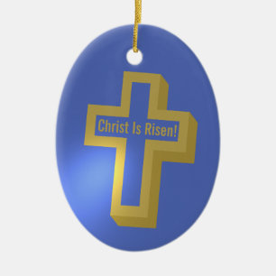 Christ Is Risen Gold Lit Christian Cross Easter Ceramic Ornament