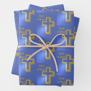 Christ is Risen Pattern Gold Cross Blue Holiday Wrapping Paper Sheet