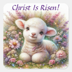 Christ Is Risen Watercolor Easter Lamb Flowers Square Sticker