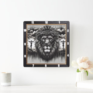 Christ Lion Calvary Religious  Square Wall Clock