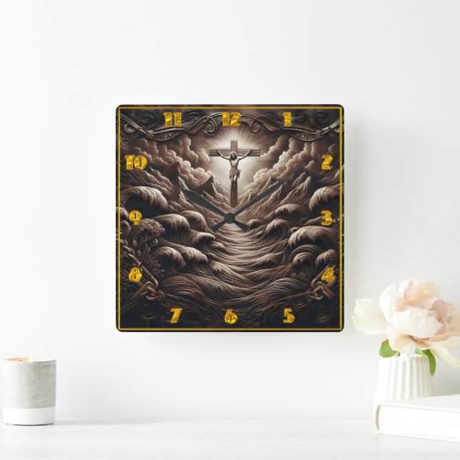 Christ On The Cross Amidst Waves And Mountains Square Wall Clock (Home)