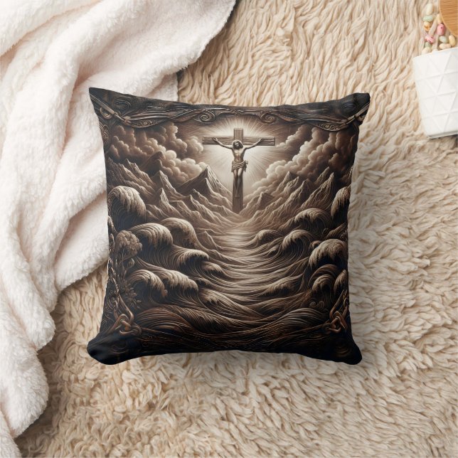 Christ On The Cross Amidst Waves And Mountains Throw Pillow (Blanket)