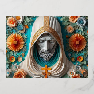 Christ Our Lord papercraft look blue and orange Foil Holiday Postcard