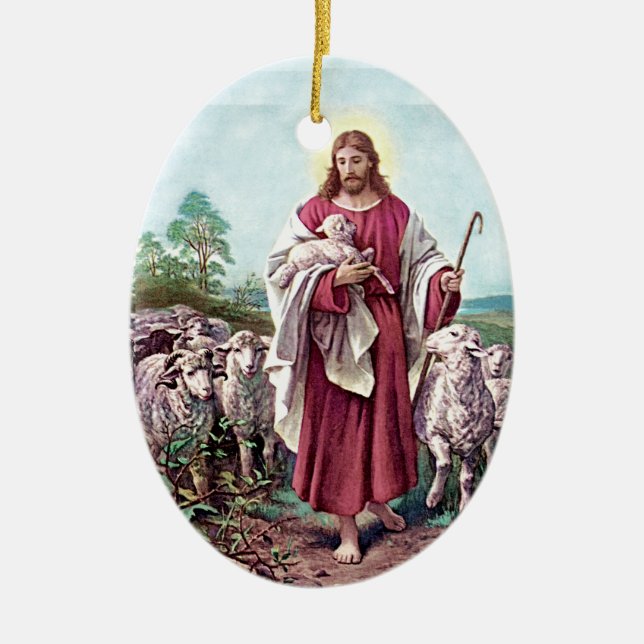 Christ The Good Shepherd Bernard Plockhorst 1878 Ceramic Ornament (Front)