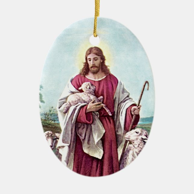 Christ The Good Shepherd Bernard Plockhorst 1878 Ceramic Ornament (Front)