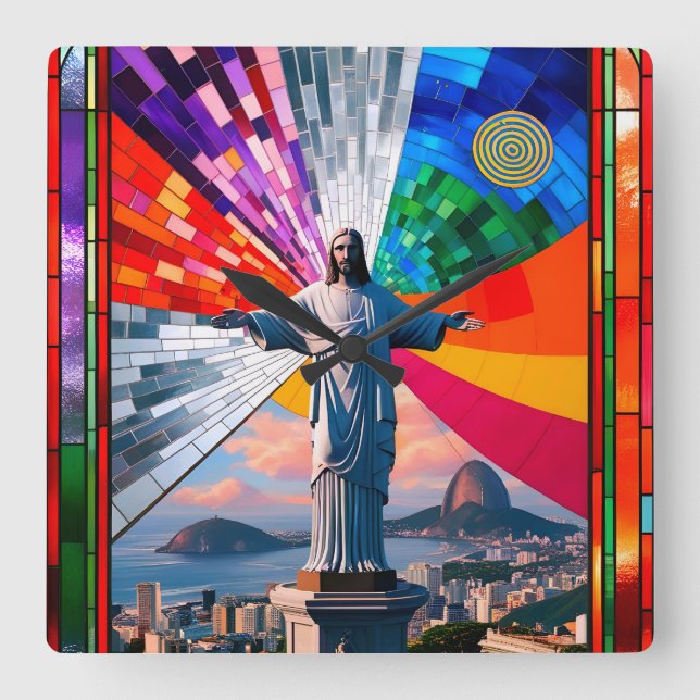 Christ the Redeemer in Mosaic Square Wall Clock (Front)