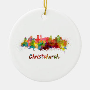 Christchurch skyline in watercolor ceramic ornament