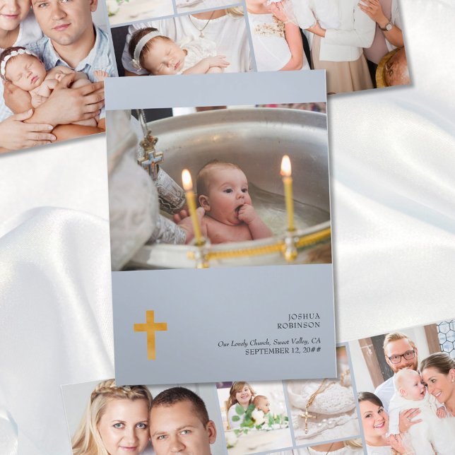 Christening 7 Photo Pink Thank You Blue Tri-Fold Card (Creator Uploaded)