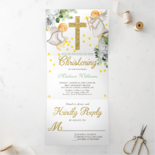 Christening Angels Gold Gender Neutral Tri-Fold Invitation