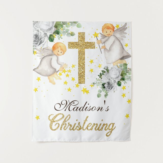 Christening Angels Gold Glitter Gender Neutral Tapestry (Front)